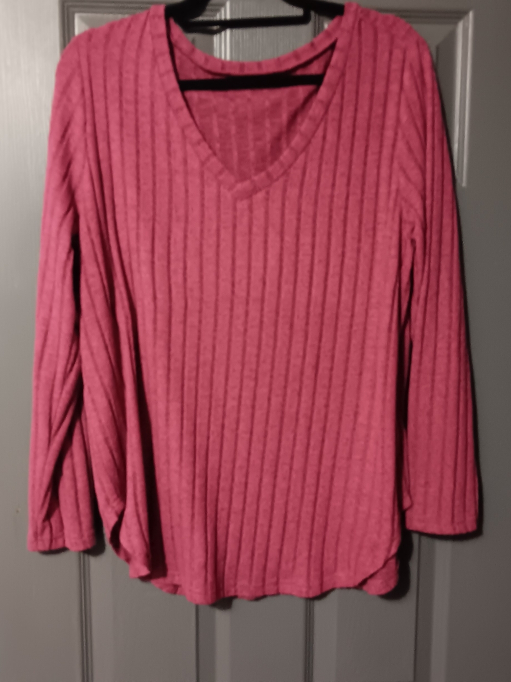 Shein Rose Pink Ribbed V-Neck Long Sleeve Top